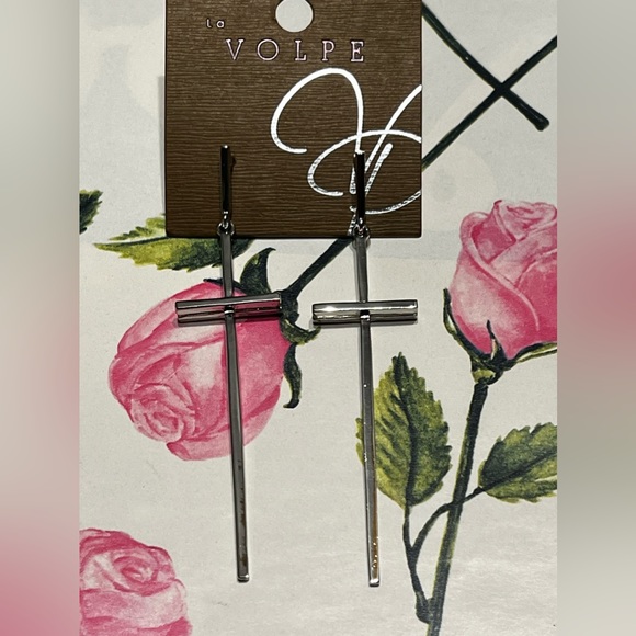 New La Volpe 3.5” Silver Tone Dangling Cross Shape Earrings - Picture 16 of 16